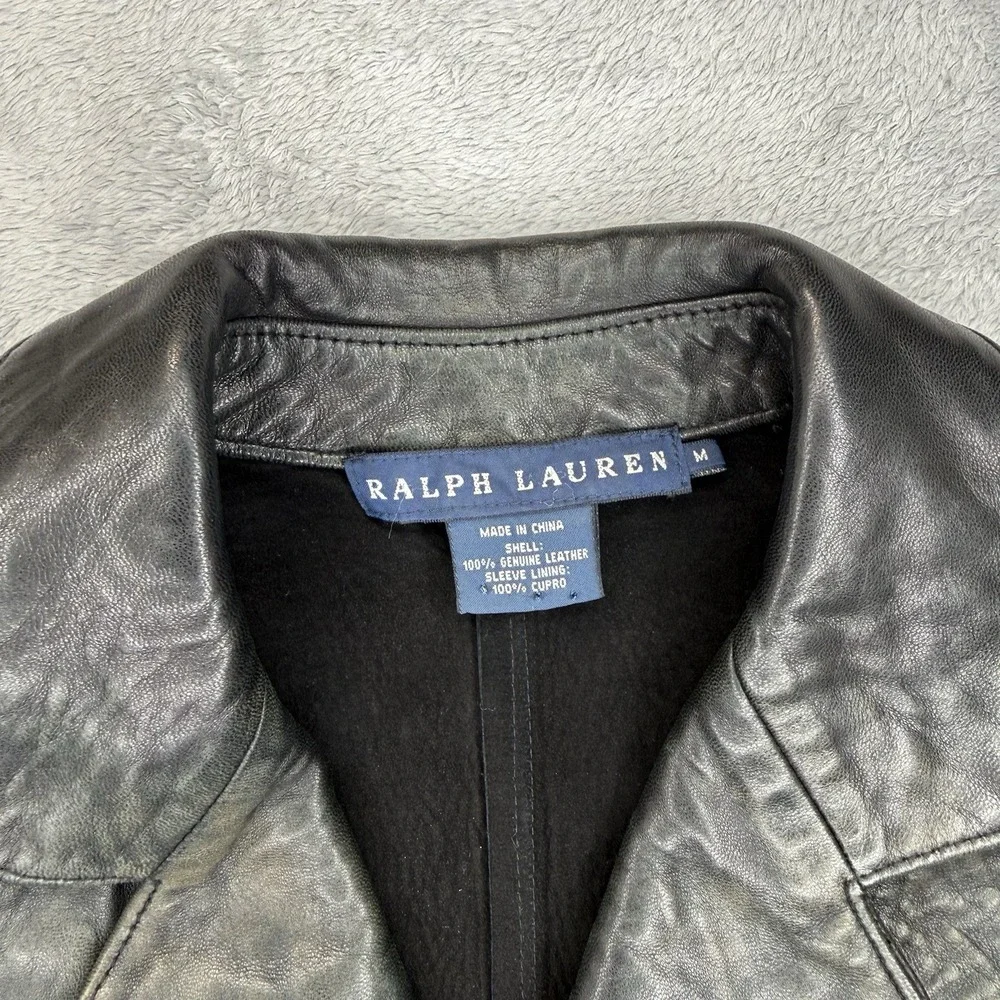 Ralph Lauren Blue Label Womens M Black Leather Cropped Military Jacket Brass